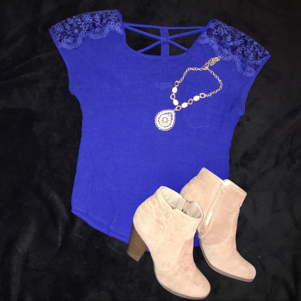 Cross-back Lace Shoulder Blue Top
